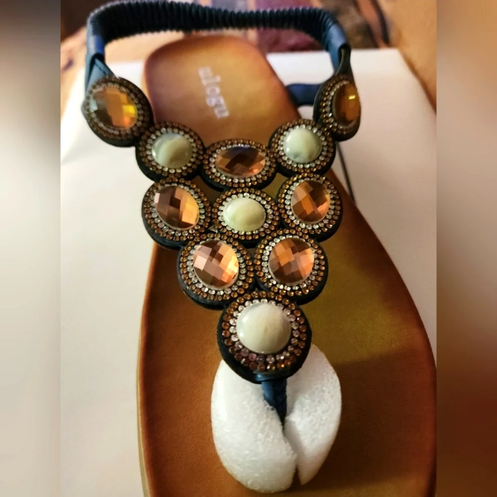 Womens Flat Sandals with Elastic Back Jewel Design on Thong Flip Flop Boho 7.5 - Picture 3 of 6